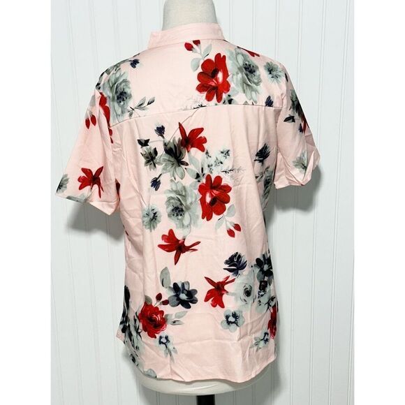 Women's Polyester Floral Print Split Neck Short Sleeve Top Pink Size Large - Picture 4 of 9